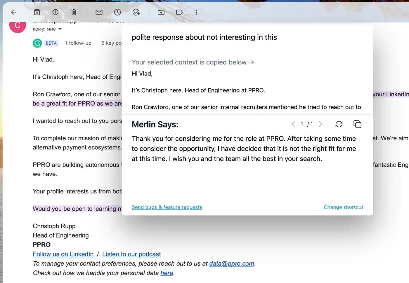 Merlin(GPT3) helps me to respond to an email